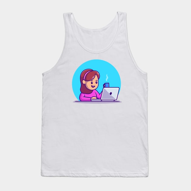 Cute Girl Working On Laptop With Cup Coffee Tank Top by Catalyst Labs